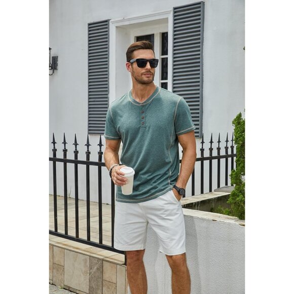 Mens Black Short Sleeve Henley Shirt Casual Button Tee Cotton Summer Top - Picture 2 of 7